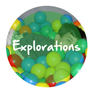 The word "Explorations" appears in white text over a transparent green circle resting atop a picture of a small child playing in a ball pit.