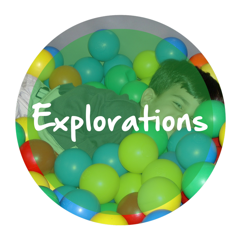 The word "Explorations" appears in white text over a transparent green circle resting atop a picture of a small child playing in a ball pit.