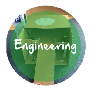 The word "Engineering" appears in white text over a green circle that is resting on top of an image of a cardboard box that has been transformed into a parking garage