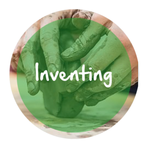 The word "Inventing" appears in white text over a green circle atop a picture of a person working with clay.
