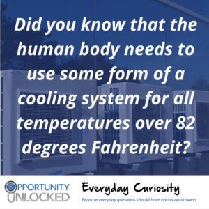 White text overlaid on a picture of commercial air conditioning units reads "Did you know that the human body needs to use some form of cooling system for all temperatures over 82 degrees Fahrenheit?" The banner at the bottom includes the full Opportunity Unlocked logo and "Everyday Curiosity: Because everyday questions should have hands-on answers"