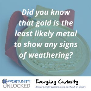 White text overlaid on a picture of gold medal reads "Did you know that gold is the least likely metal to show any signs of weathering?" The banner at the bottom includes the full Opportunity Unlocked logo and "Everyday Curiosity: Because everyday questions should have hands-on answers"