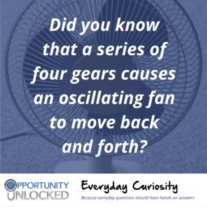 White text overlaid on a close-up picture of desktop fan reads "Did you knot that a series of four gears causes an oscillating fan to move back and forth?" The banner at the bottom includes the full Opportunity Unlocked logo and "Everyday Curiosity: Because everyday questions should have hands-on answers"