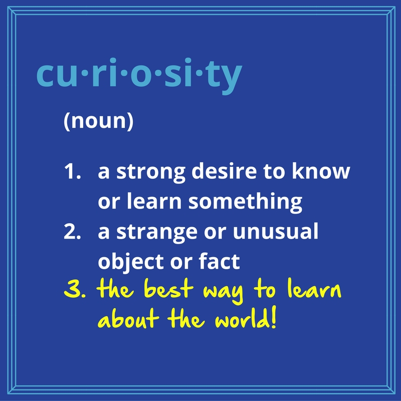 This image defines curiosity as (noun) 1. a strong desire to know or learn something, 2. a strange or unusual object or fact, and (added in hand-writing) 3. the best way to learn about the world!