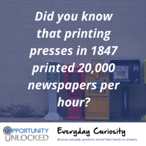 White text overlaid on a picture of outdoor newspaper vending machines reads "Did you know that printing presses in 1847 printed 20,000 newspapers per hour?" The banner at the bottom includes the full Opportunity Unlocked logo and "Everyday Curiosity: Because everyday questions should have hands-on answers"