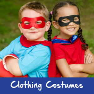 Two kids sport their superhero costumes. "Clothing Costumes" is written in white on a dark blue strip.