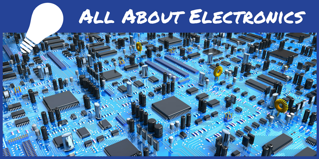 All About Electronics over a background image containing circuit components