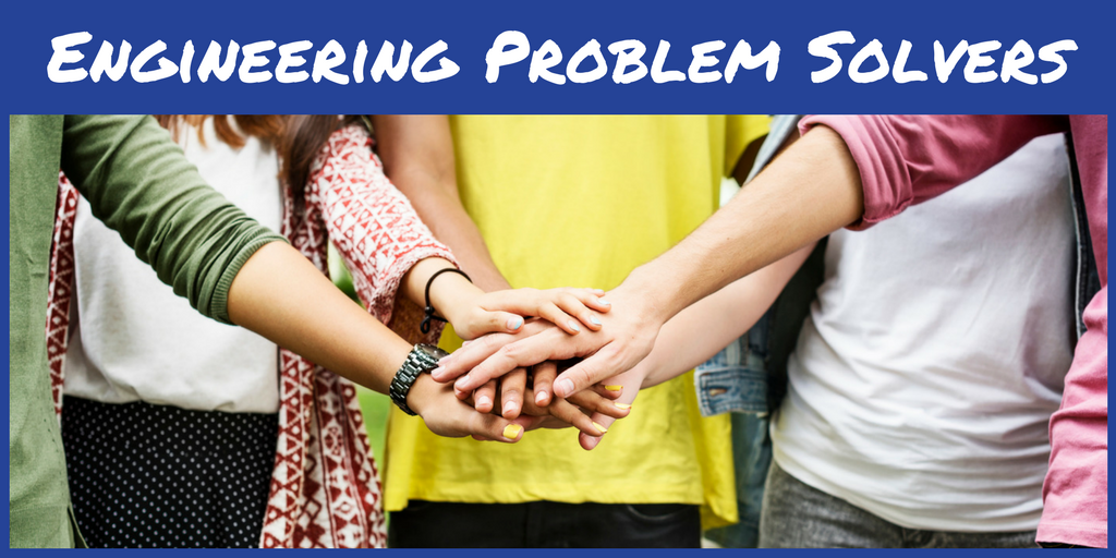 Engineering Problem Solvers over an image with teenagers putting their hands into a huddle.