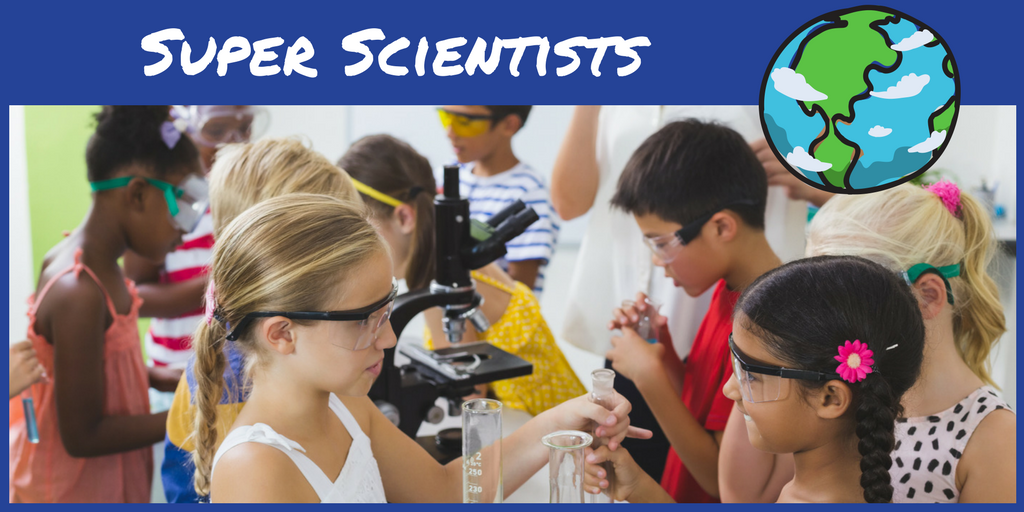 Super Scientists with an image of diverse elementary students exploring microscopes