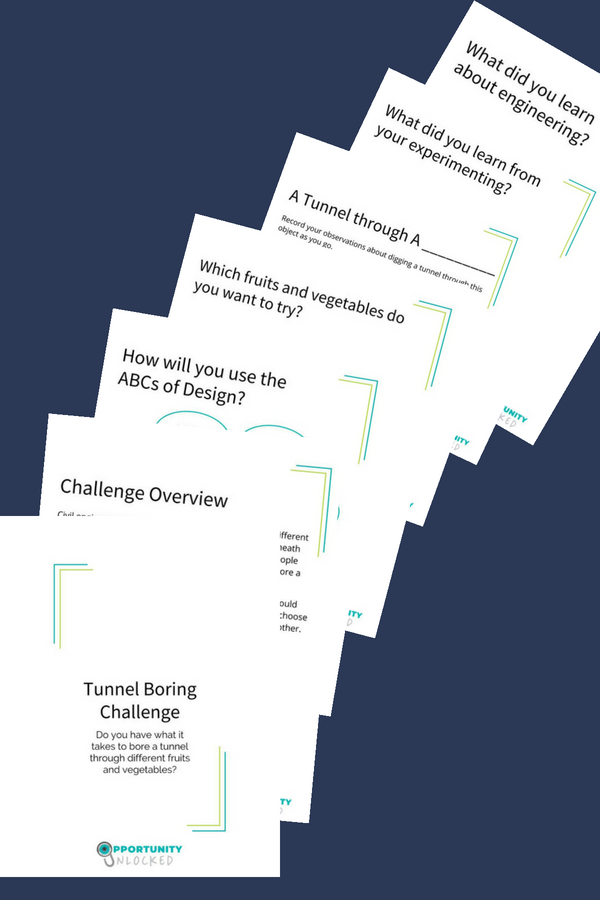 Sample Challenge Notebook showcasing the "Tunnel Boring Challenge" where young engineers experiment to find the best way to drill a tunnel through diverse fruits and vegetables
